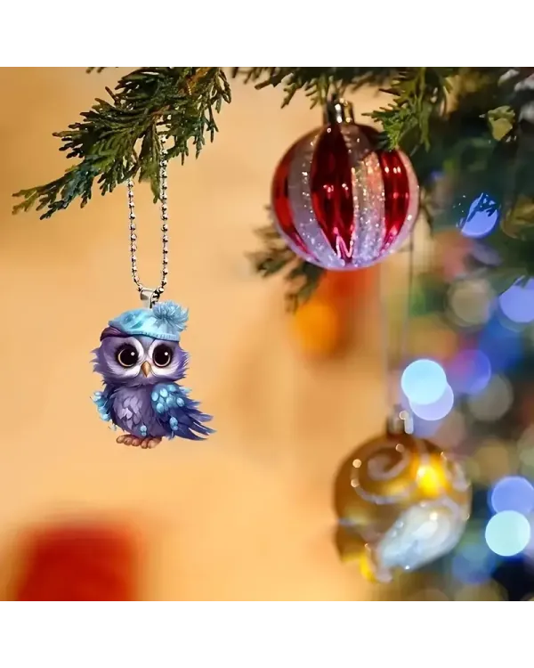 Acrylic Owl  Hanging Ornament with Blue Hat- Gift For Farm , Ornament Decor , Birthday Gift