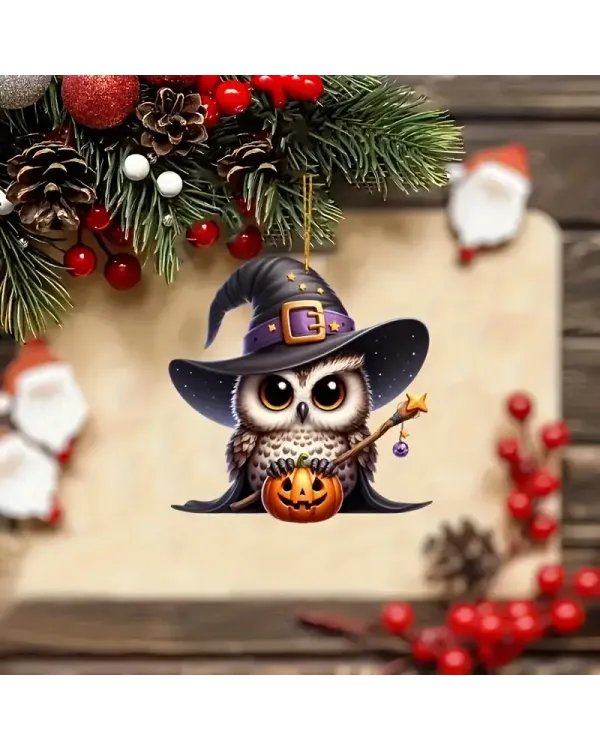 Vintage Style Owl with Witch Hat & Pumpkin 2D Acrylic Hanging Ornament - Gift For Farm , Ornament Decor , Birthday Gift