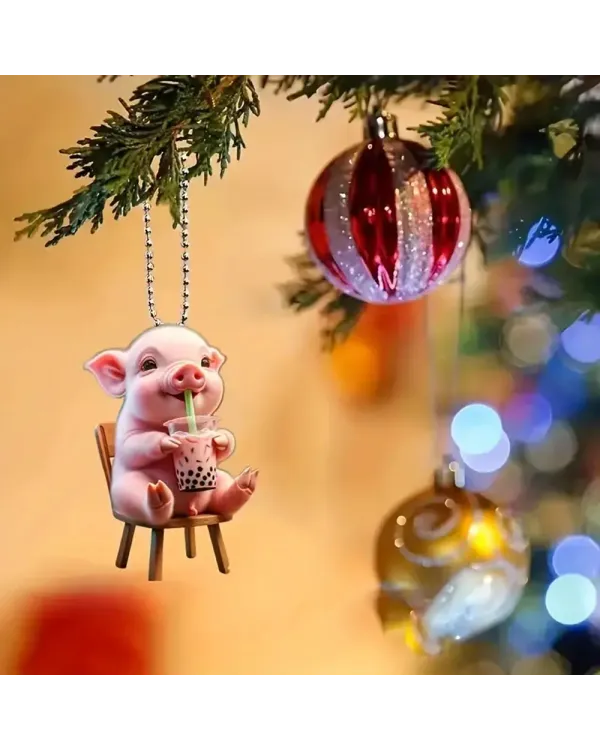 Acrylic Happy Pig Drinking Milk Tea Hanging Ornament - Holiday Gift And Christmas Tree Ornament, Birthday Gift