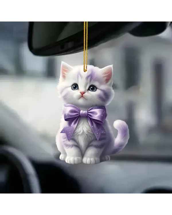 Whimsical Purple & White Cat Arcylic Ornament - Gift For Christmas , Ornament Decor