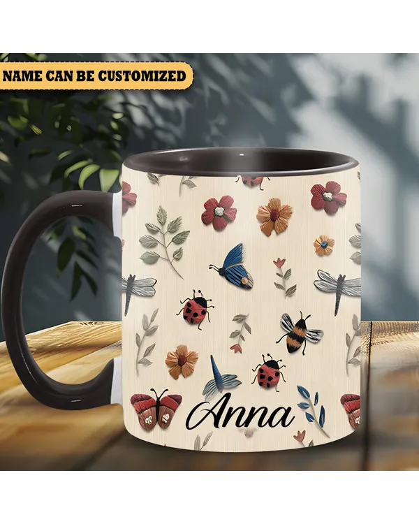 Personalized Beautiful Floral, Bee And Butterfly Accent Mug