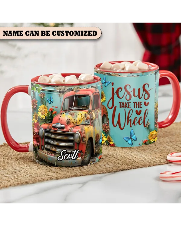 Personalized Red Truck  Jesus Take The Wheel Accent Mug