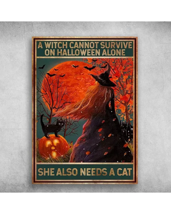 Black Cat Witch Canvas Home Decor Poster