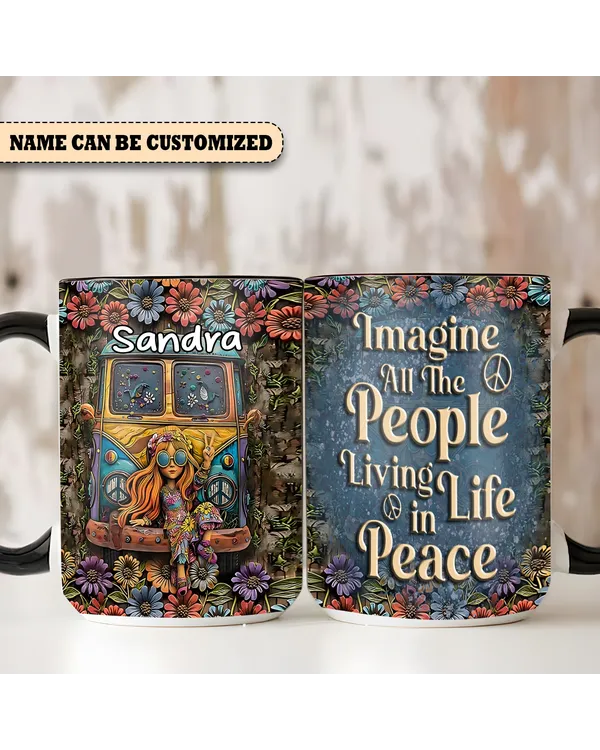 Personalized Hippie Bus And Girl Imagine All The People Living Life In Peace Accent Mug