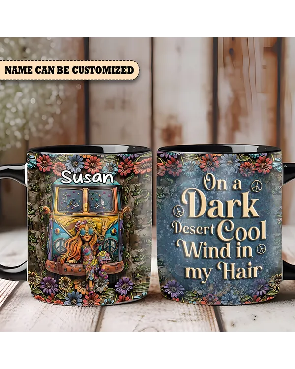 Personalized Hippie Bus And Girl On A Dark Desert Accent Mug