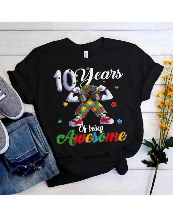 Ten 10 Years Autistic Boy Girl Birthday Autism Puzzle Piece Shirt