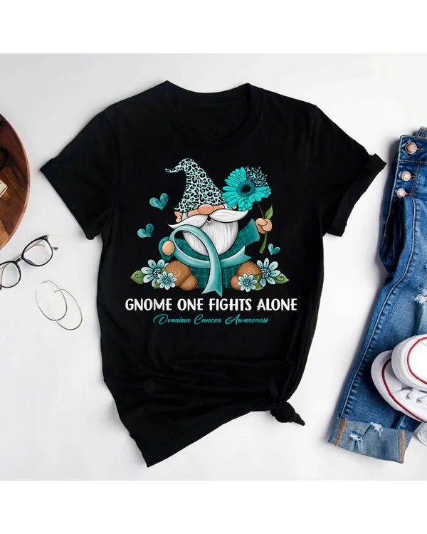 Sunflower Gnome One Fights Alone Ovarian Cancer Awareness Shirt