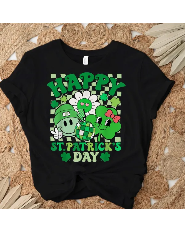 Happy St Patricks Day Retro Disco Smile Face Groovy Shamrock Shirt
