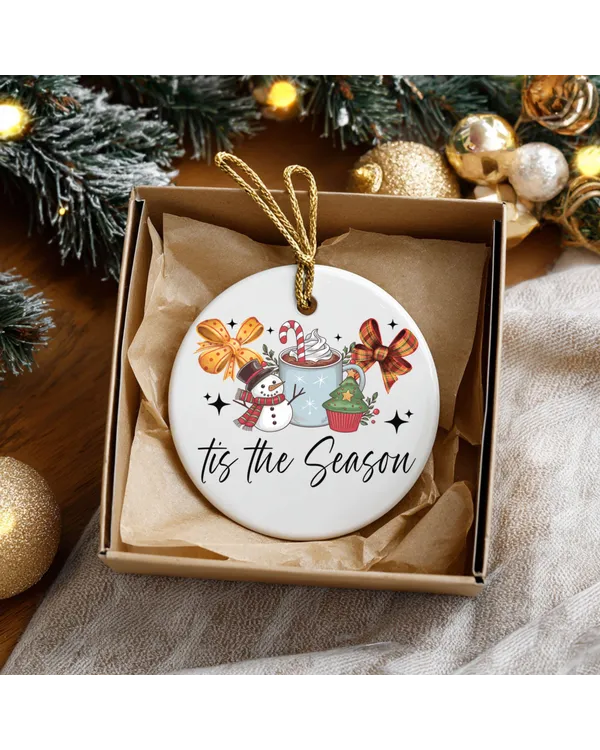 Snowman Cupcake Hot Chocolate & Christmas Bow Ceramic Holiday Ornament