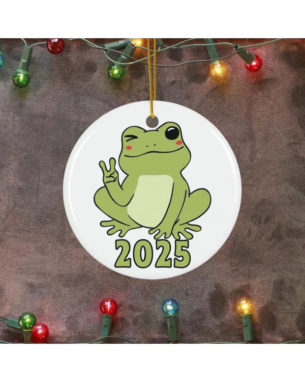 Winking Frog Christmas 2025 Ceramic Peace Sign New Year Gift Ornament