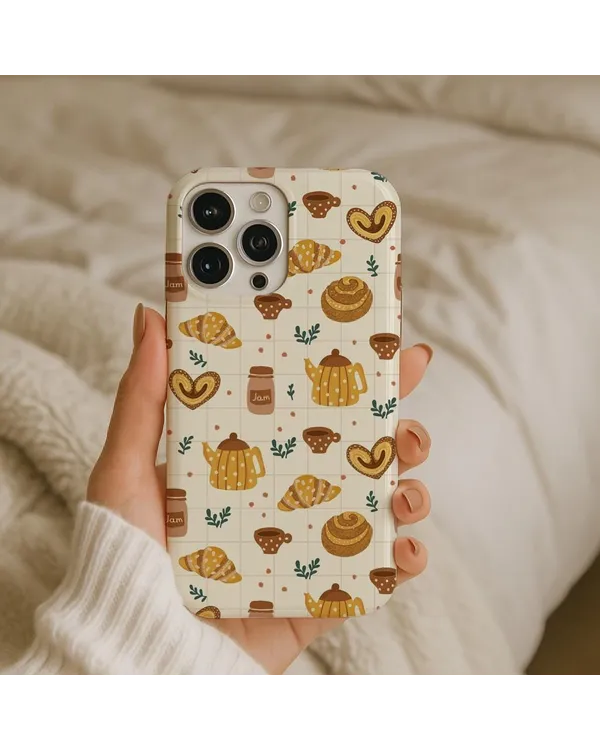 Bakery Breakfast Pattern Phone Case - Aesthetic Croissant & Jam Design Phonecase