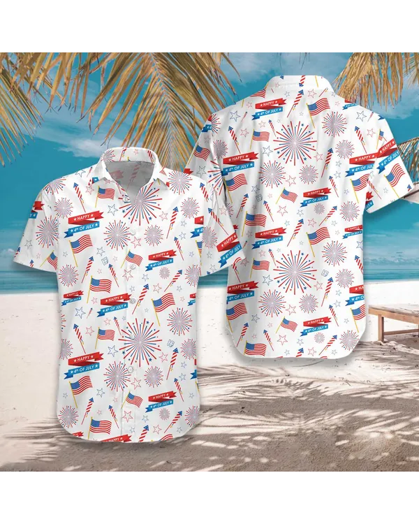 4th Of July America Flag Firework Pattern Hawaiian Shirt, Independence Day US Flag Aloha Shirt For Men, Perfect Gift For Patriots, Friends, Husband, Boyfriend, Family