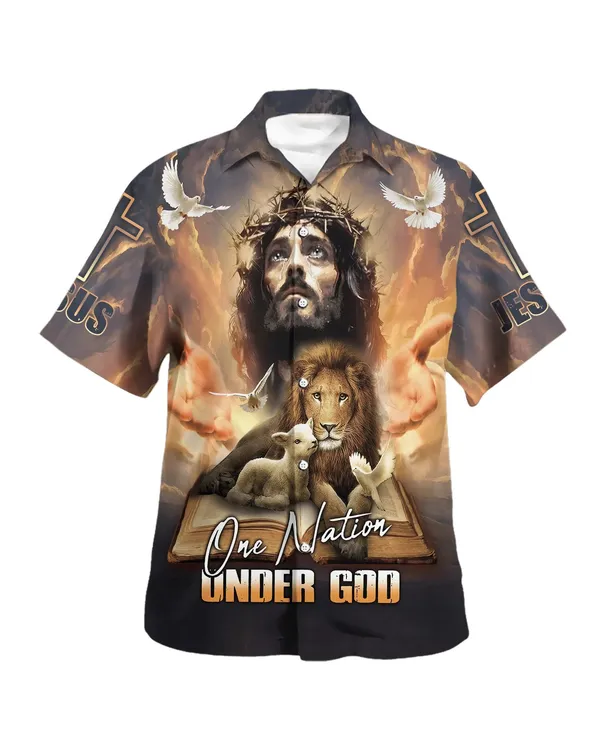 One Nation Under God Jesus Lion Cross Hawaiian Shirt - Christian Hawaiian Shirt - Religious Hawaiian Shirts