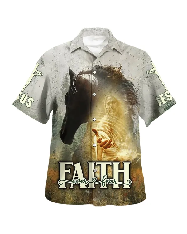 Horse And Jesus Faith Over Fear Hawaiian Shirt - Christian Hawaiian Shirt - Religious Hawaiian Shirts