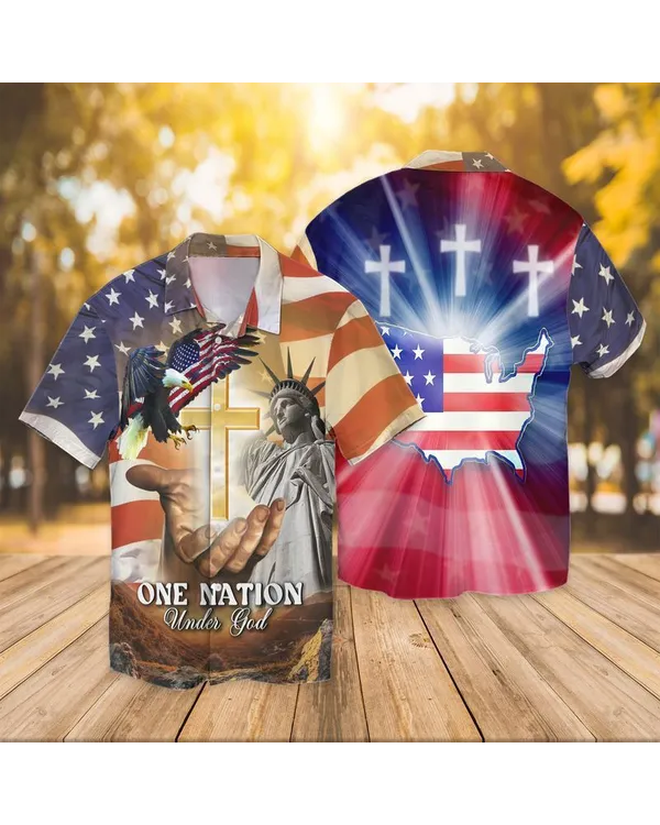 4th Of July Independence Day American Flag Jesus One Nation Under God Eagle Hawaiian Shirt For Men And Women