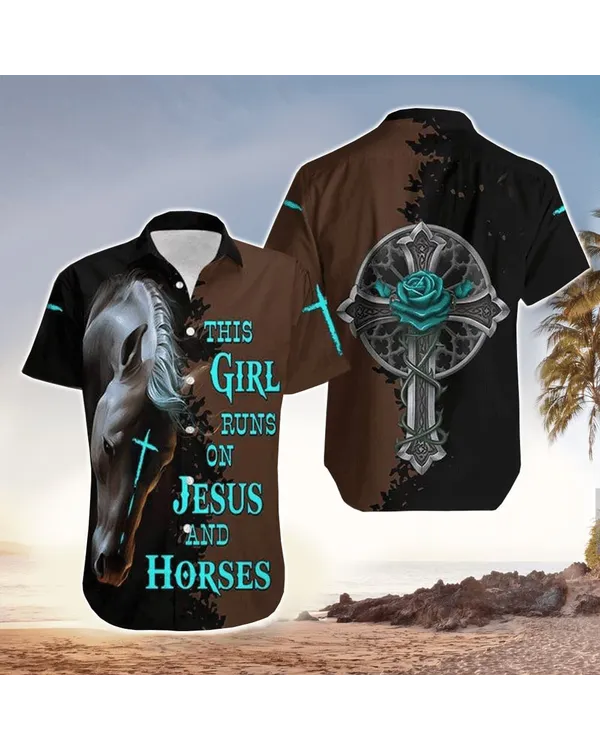 This Girl Runs On Jesus And Horse Black Brown Hawaiian Shirt - Christian Hawaiian Shirts For Men & Women