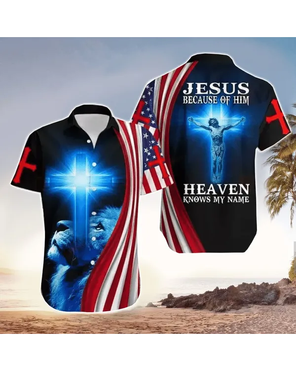 Because Of Him Heaven Know My Name Jesus With Lion & Christian Cross Hawaiian Shirt - Christian Hawaiian Shirts For Men & Women