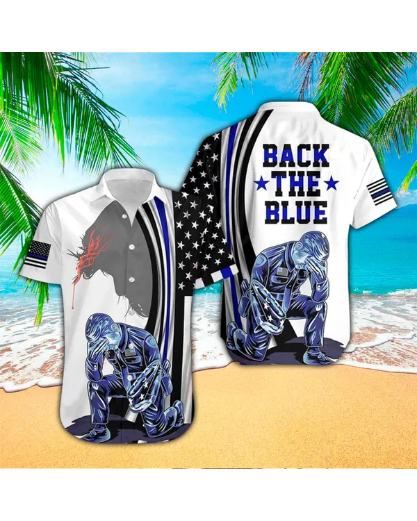 Back The Blue Police Flag American Jesus Christ Hawaiian Shirt - Christian Hawaiian Shirts For Men & Women