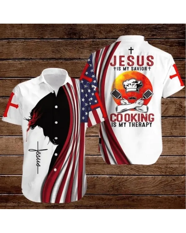 American Flags Cross Jesus Is My Savior Cooking Is My Therapy Hawaiian Shirt - Christian Hawaiian Shirts For Men & Women