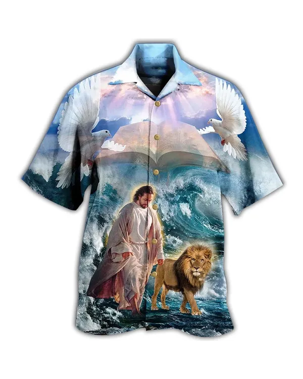 Lion And Jesus Walk On Water Christian Hawaiian Shirt - Christian Hawaiian Shirts For Men & Women