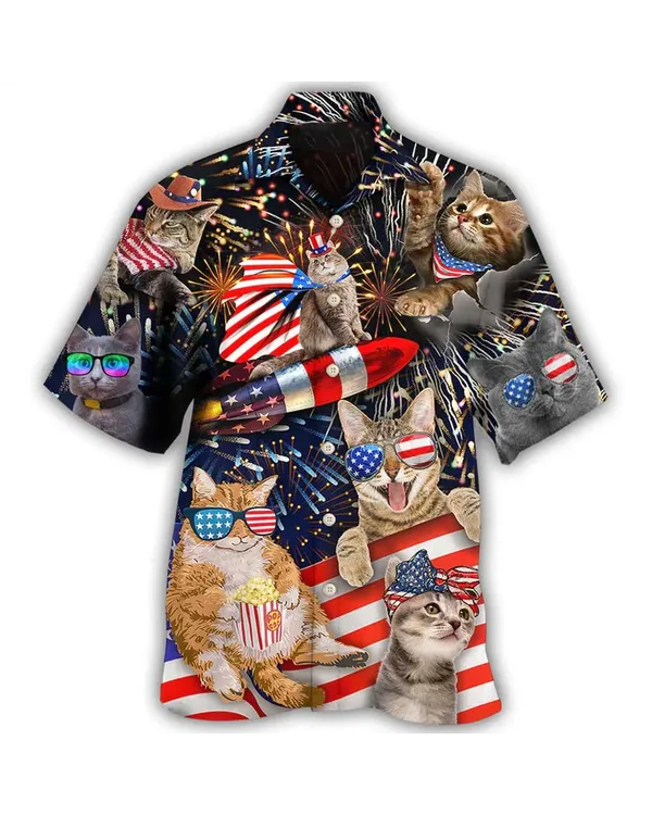 Cat Independence Day Happy Firework Aloha Hawaiian Shirt For Summer, Best Cat Hawaiian Shirts Outfit For Men Women, Friend, Cat Lover, 4th July