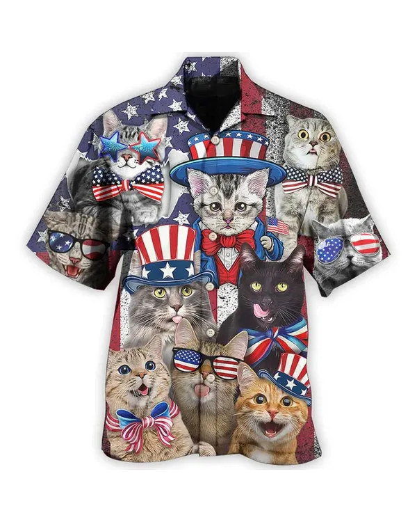 Cat Hawaiian Shirt For Summer, Cat American Flag Independence, Best Cat Hawaiian Shirts Outfit For Men Women, Friend, Cat Lover, 4th July