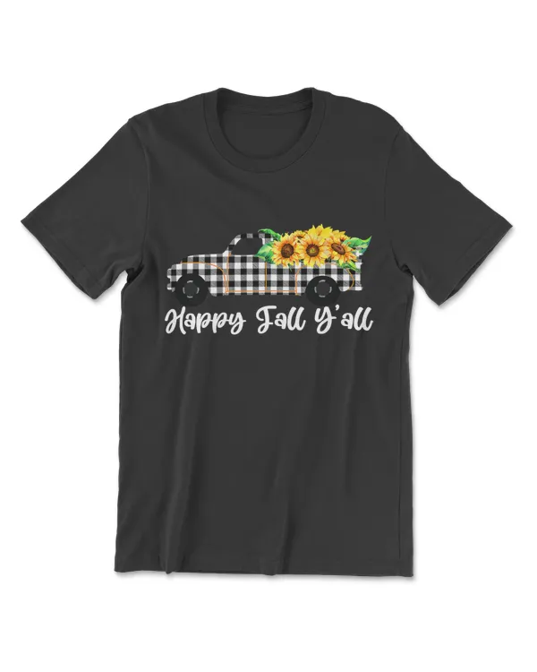 Happy Fall Y'all Trendy Sunflower Buffalo Plaid Truck Gift T-Shirt