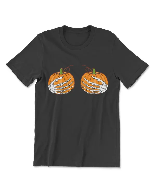 Skeleton Hands Holding Pumpkins Boobs Funny Adult Halloween T-Shirt