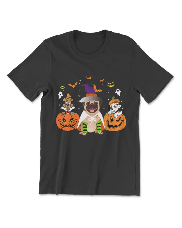 Pug Dogs Costume Witch Halloween Pumpkins Pug Dog Lovers T-Shirt