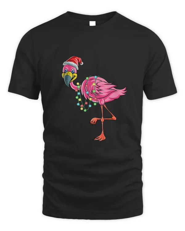 Christmas Flamingo Santa Hat T Shirt Funny Gift Lights T shirt
