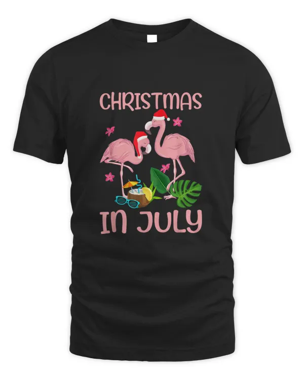 Christmas In July Pink Flamingo Wearing Santa Hat T shirt