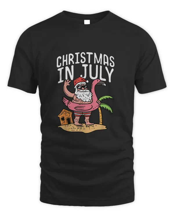 Christmas In July Santa Flamingo Floater Funny Summer Gift T shirt