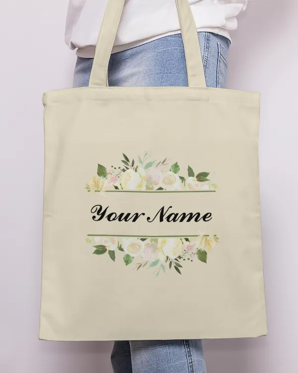 Personalized Elegant Floral Ladies Khaki Green Eco Tote Bag, Gifts For Girlfriend, Gifts Idea For Girlfriend