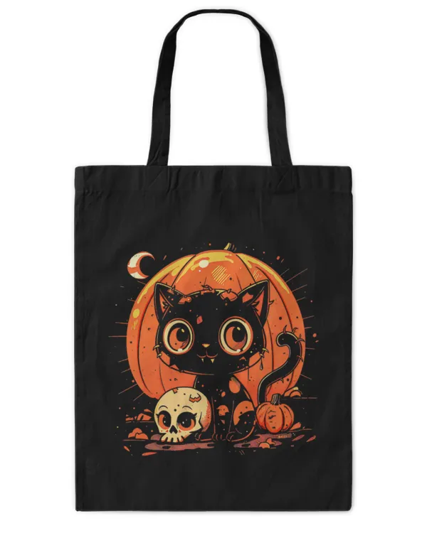 Cute Cat Spooky Cat Skull Fall Pumpkin Halloween Goth Cute Cat - Tote Bag - Printed in the EU Tote Bag - Printed in the EU