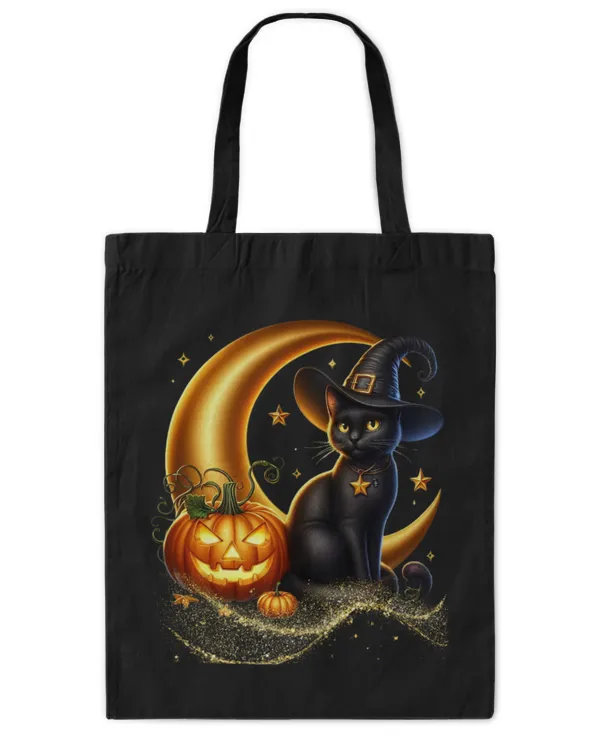 Cute Cat Spooky Delight Halloween Black Cat Pumpkin Witch Hat Stars - Tote Bag - Printed in the EU Tote Bag - Printed in the EU
