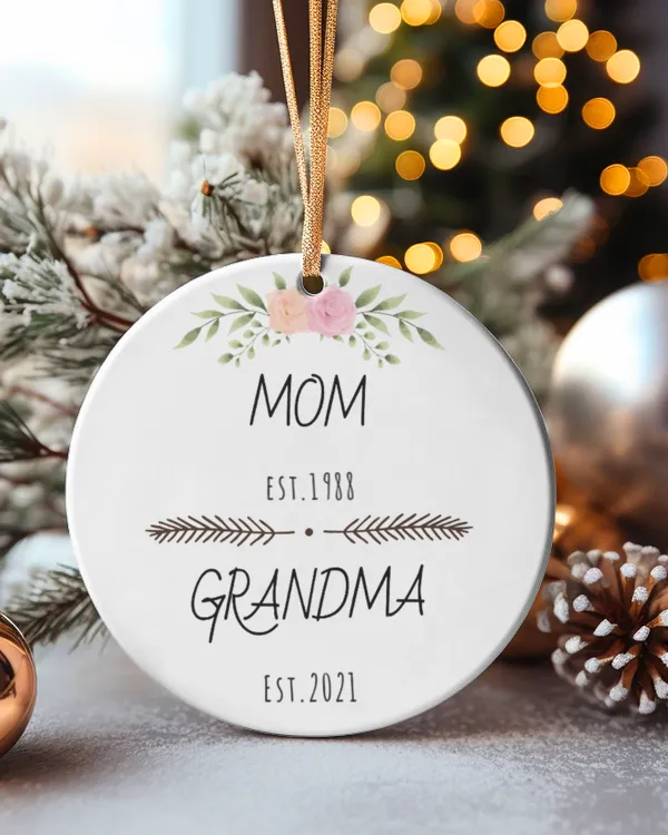 Personalized Mom Grandma Est Custom Year, flowers Ceramic Ornament, Gifts for Grandma, Gift idea for Grandma