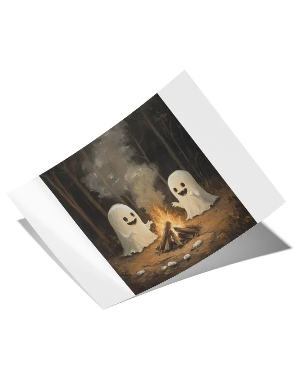 Cute Ghosts at Campfire Art, Ghosts with Marshmallow Art, Vintage Oil Painting, Cottagecore Artwork, Dark Academia Print, Halloween Wall Art