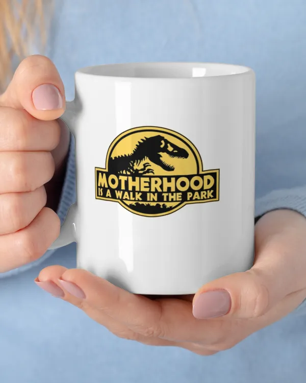 Motherhood A Walk In The Park Mug - Dinosaur Motherhood is a walk in th part black and yellow Design drinkware