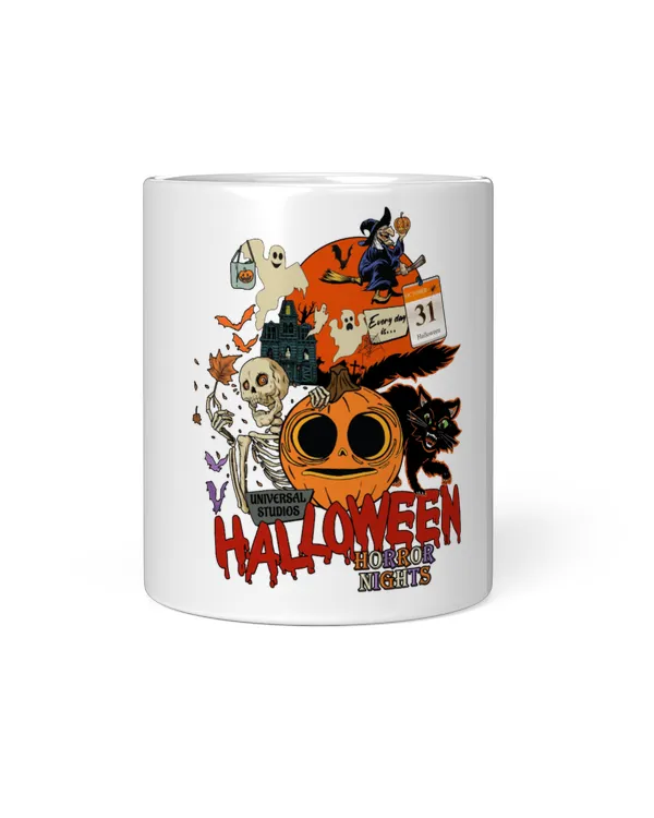 Lil Boo Halloween Horror Nights Mug, Vintage Halloween 2022 Gift Tumbler Spooky black cat October 31 St Halloween pumpkin witch riding broom skeleton blood Moon