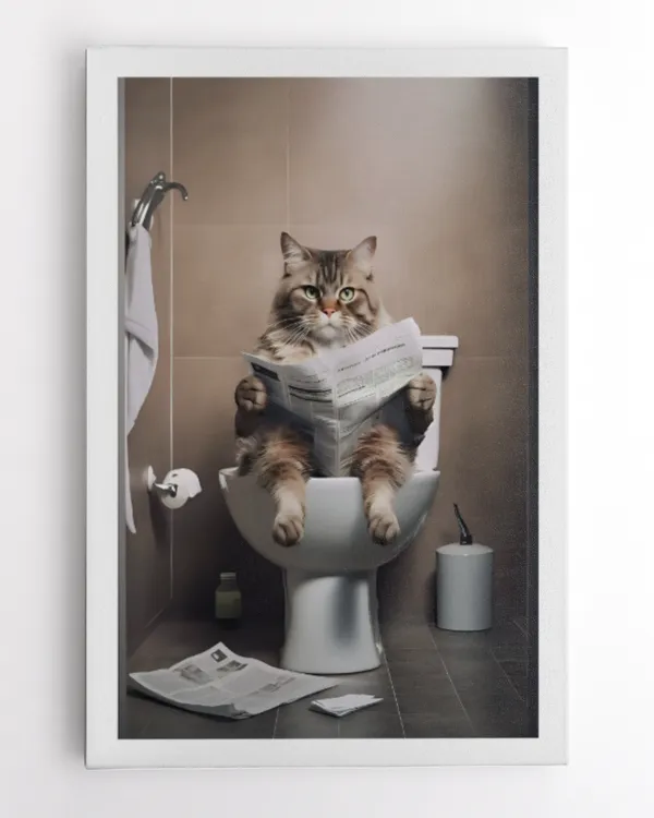 Cat Reading Newspaper On The Toilet Art Print