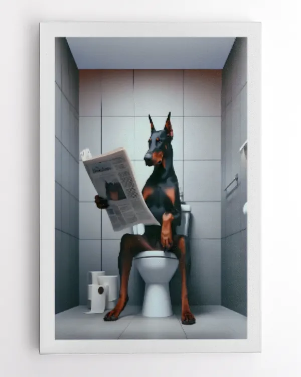 Dobermann Reading Newspaper On The Toilet Art Print