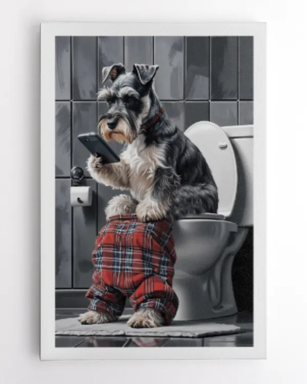 Schnauzer Sitting On Toilet With Mobile Phone Art Print