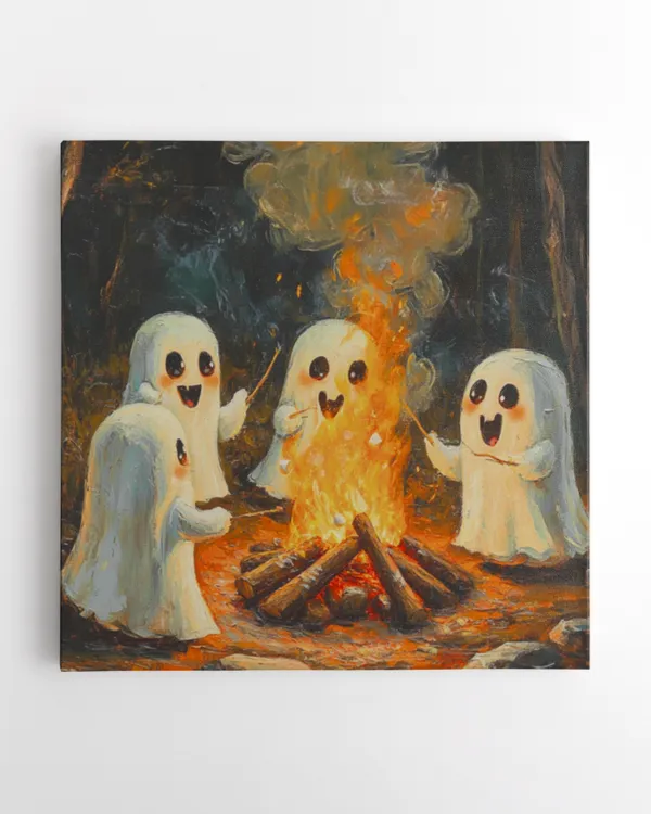 ute Ghosts at Campfire Art, Ghosts with Marshmallow Art, Vintage Oil Painting, Cottagecore Artwork, Dark Academia Print, Halloween Wall Art