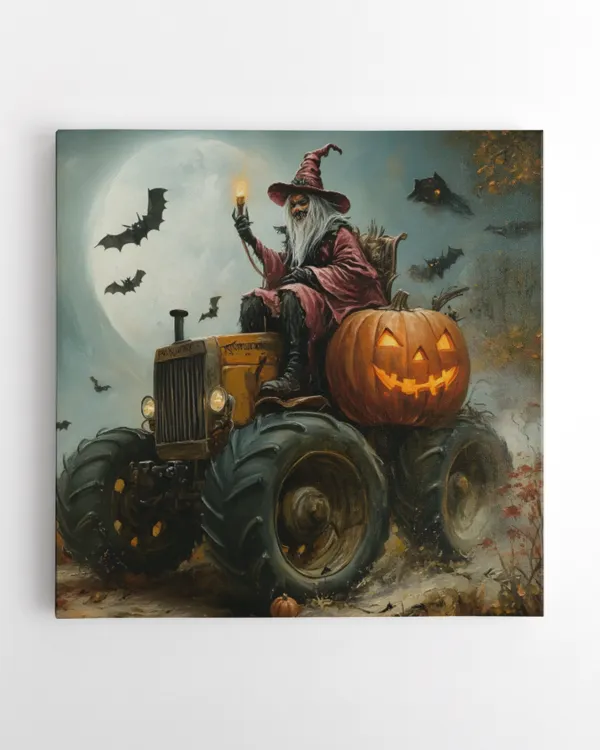 the Witches on driving Tractor on farm ,halloween art
