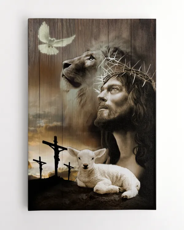 JESUS AND LION, SHEEP, GOD CANVAS, CHRISTIAN WALL ART, HOME DECOR