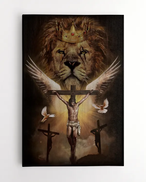 JESUS, LION OF JUDAH, THREE WOODEN CROSSES, DOVE, GOD CANVAS, CHRISTIAN WALL ART