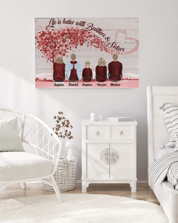 Life Is Better With Brothers & Sisters - Sitting Family - Red Tree 2 - Personalized Poster-Wrapped Canvas, Gifts For Brother, Gifts Idea For Brother