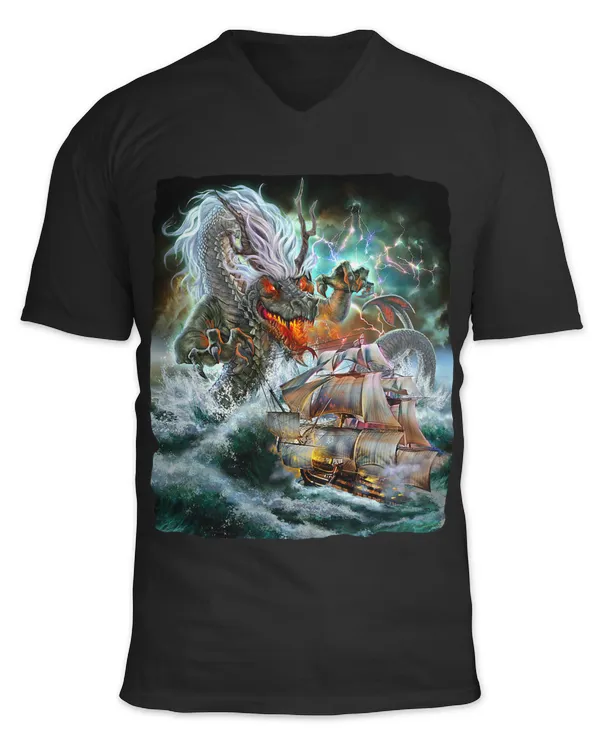 Fantasy Dragon as Kraken Attack a War Ship at High Seas