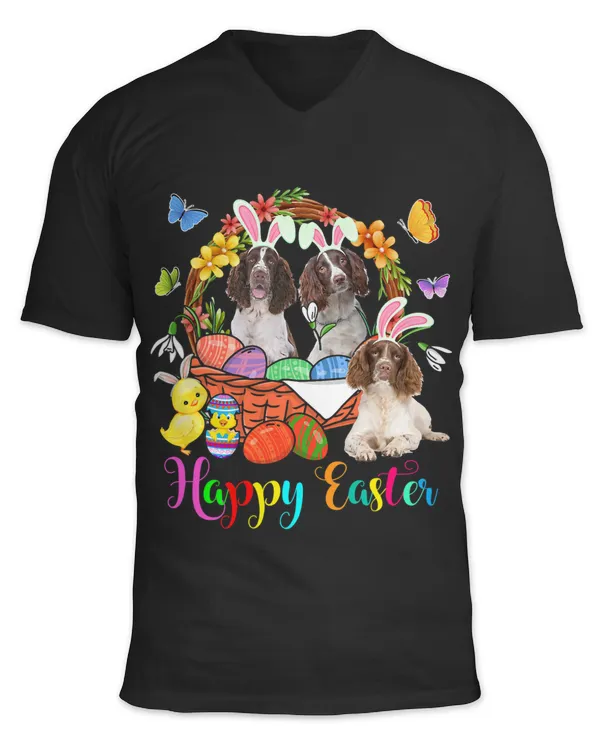 Three Bunny English Springer Spaniel In Easter Eggs Basket