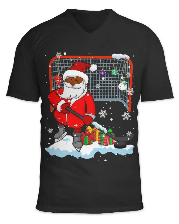 Afro Santa Playing Hockey Xmas Black Afro Hockey Player
